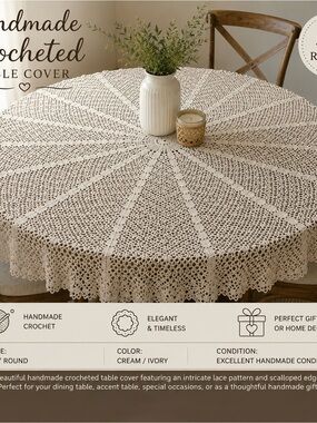 Handmade Vintage Crochet Round Table Cover – 56” Cream/Ivory